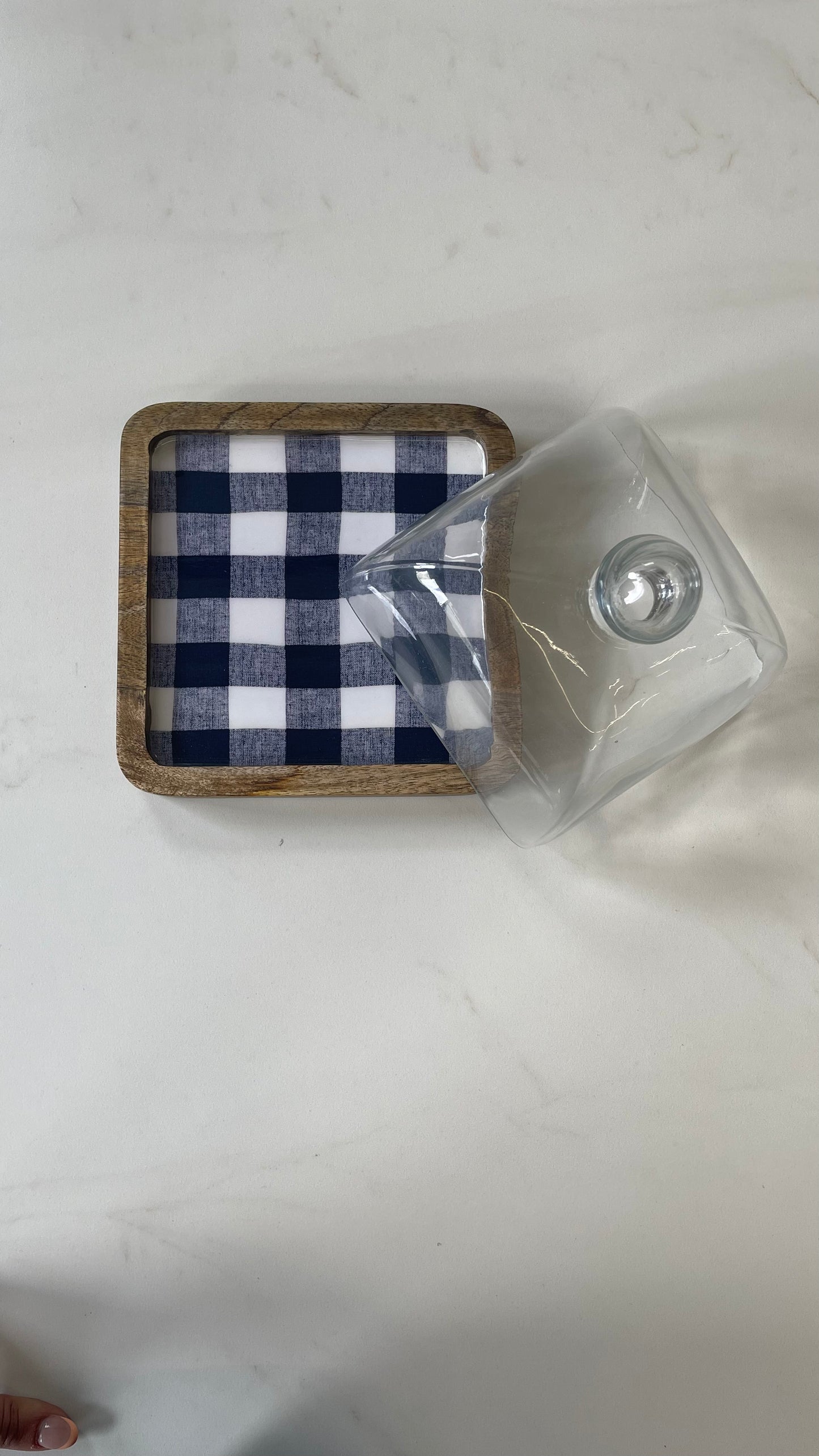 Blue Checkered Wooden Table Glass Top