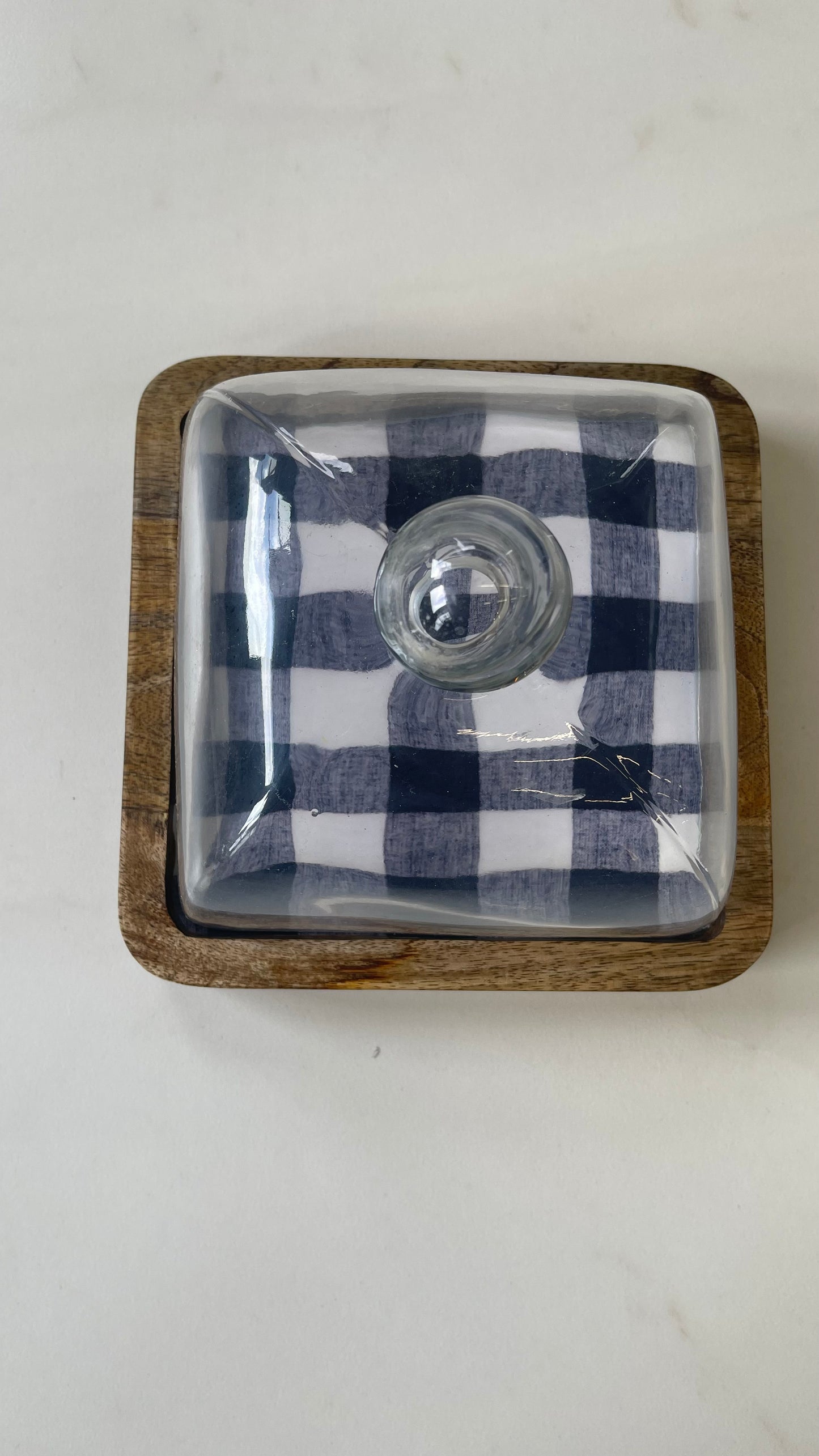 Blue Checkered Wooden Table Glass Top