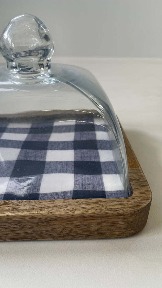 Blue Checkered Wooden Table Glass Top