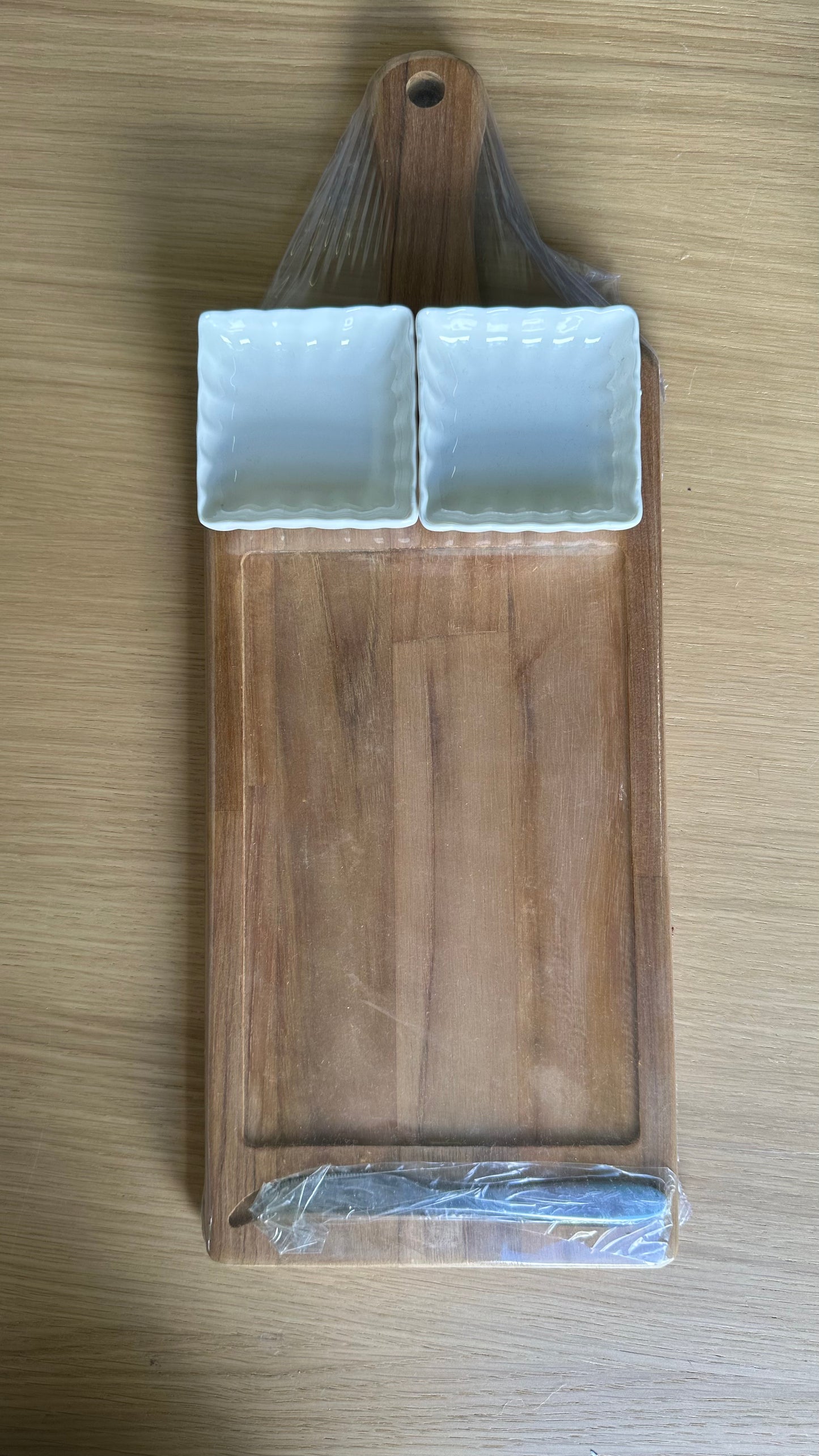 Wooden Board With Mini Knife And Two Mini White Plate