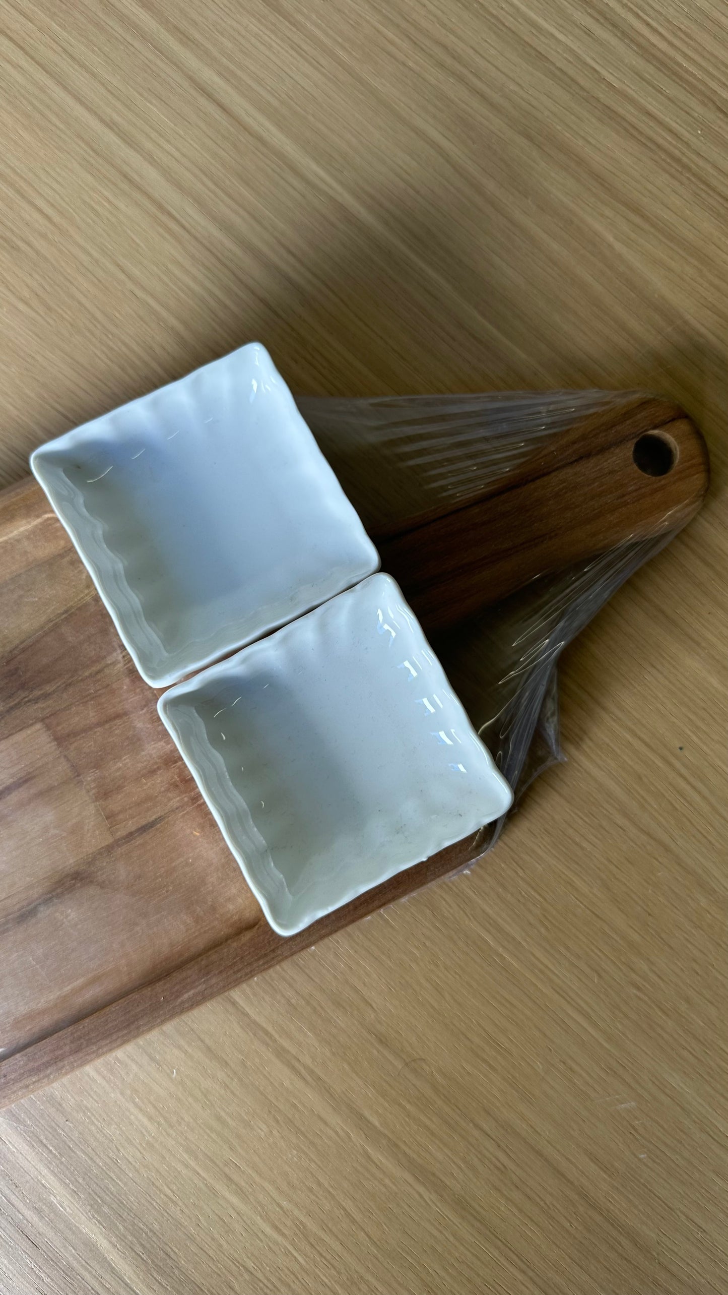 Wooden Board With Mini Knife And Two Mini White Plate