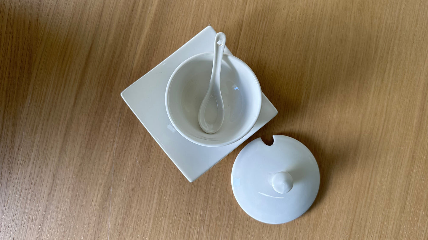 Porcelain Sugar Bowl w/ Plate and Teaspoon