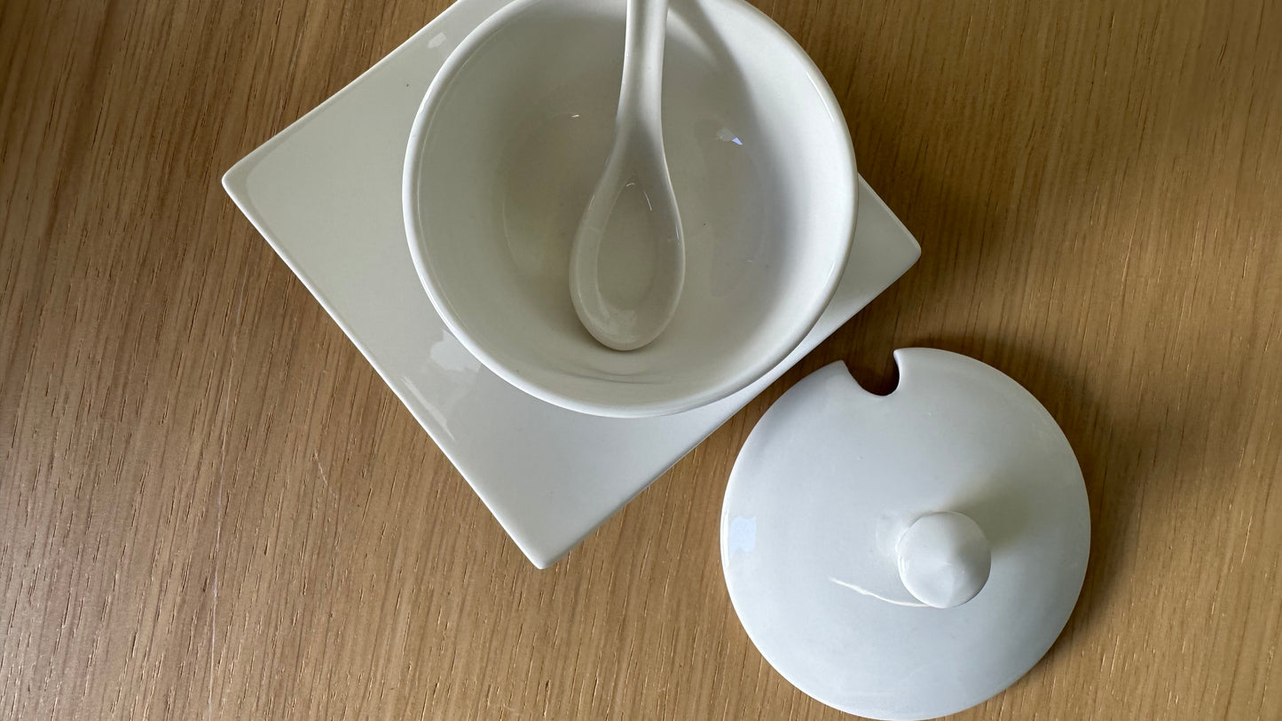 Porcelain Sugar Bowl w/ Plate and Teaspoon