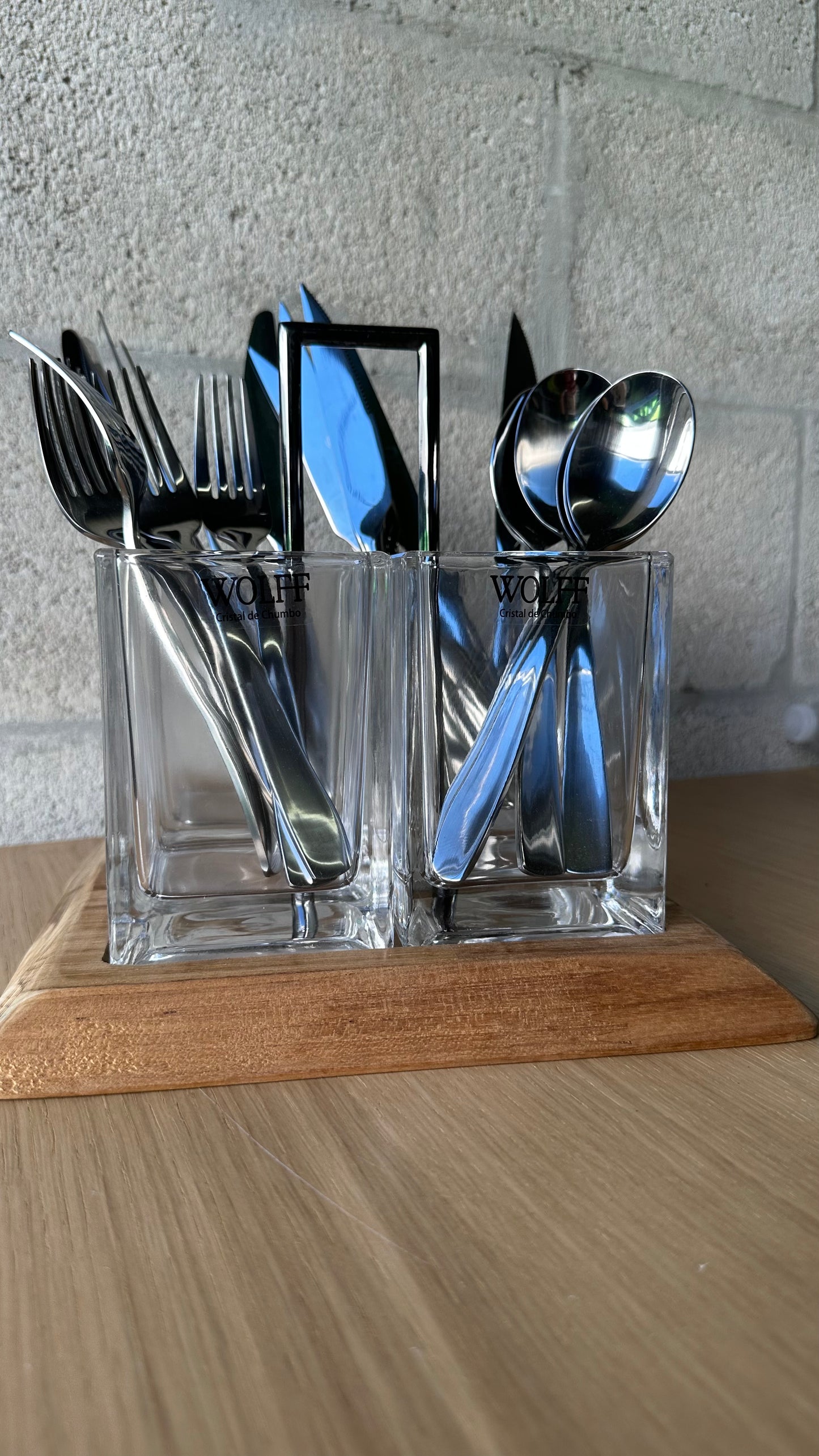 Glass Cutlery Holder With Wooden Base Divided Into 4