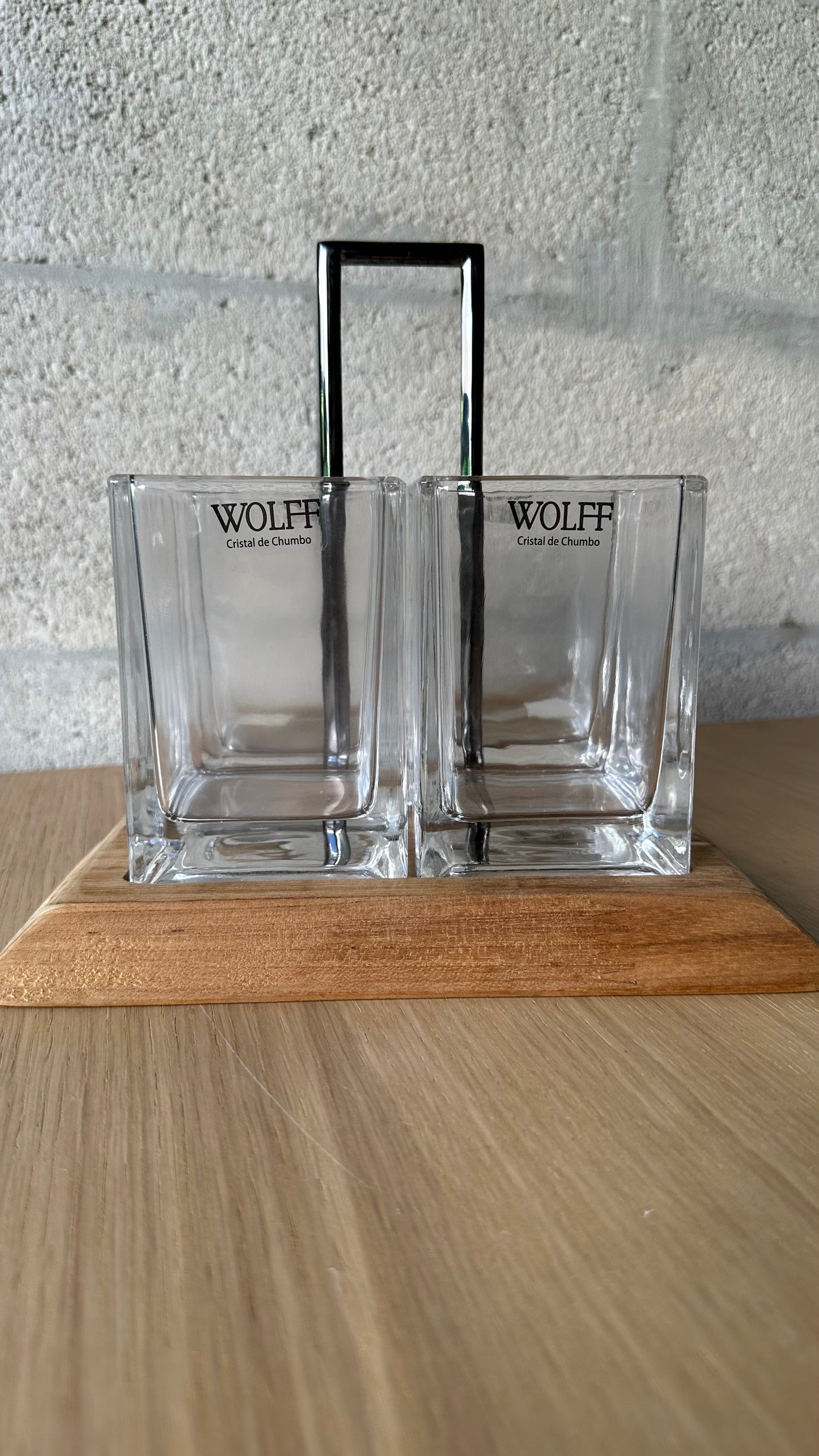 Glass Cutlery Holder With Wooden Base Divided Into 4