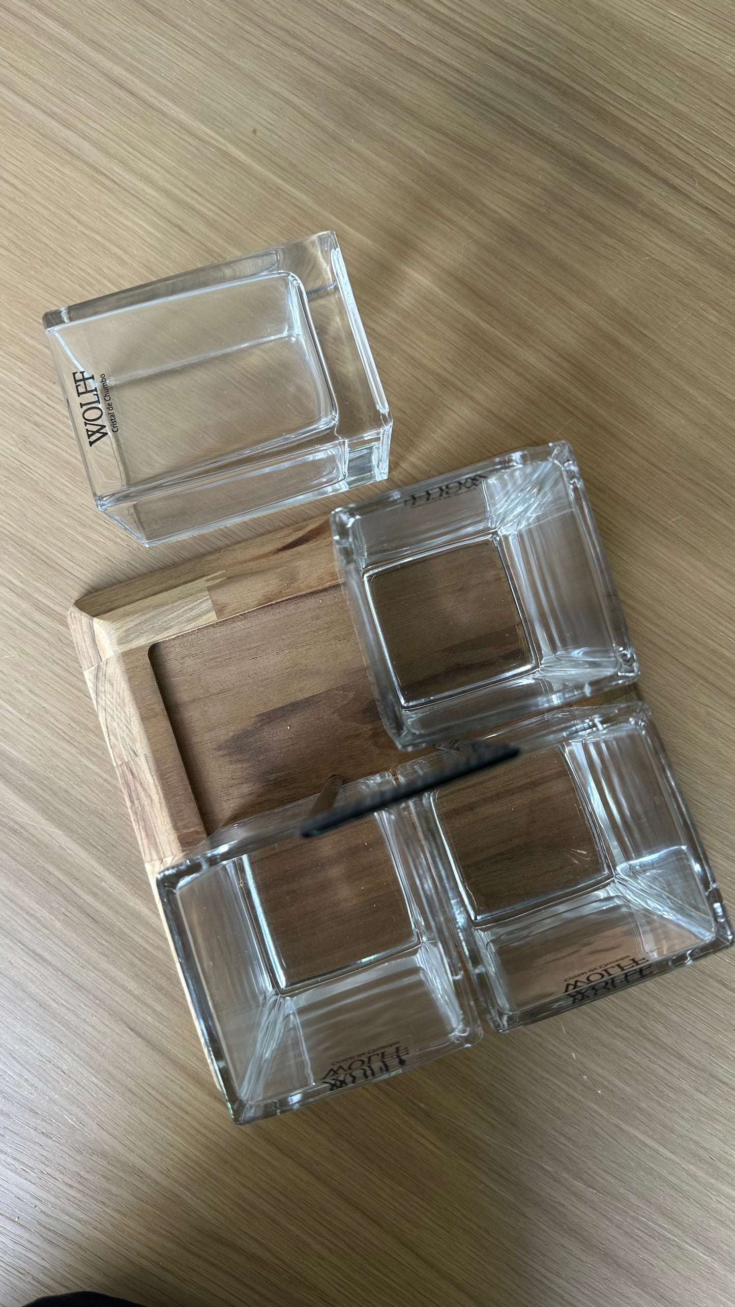 Glass Cutlery Holder With Wooden Base Divided Into 4