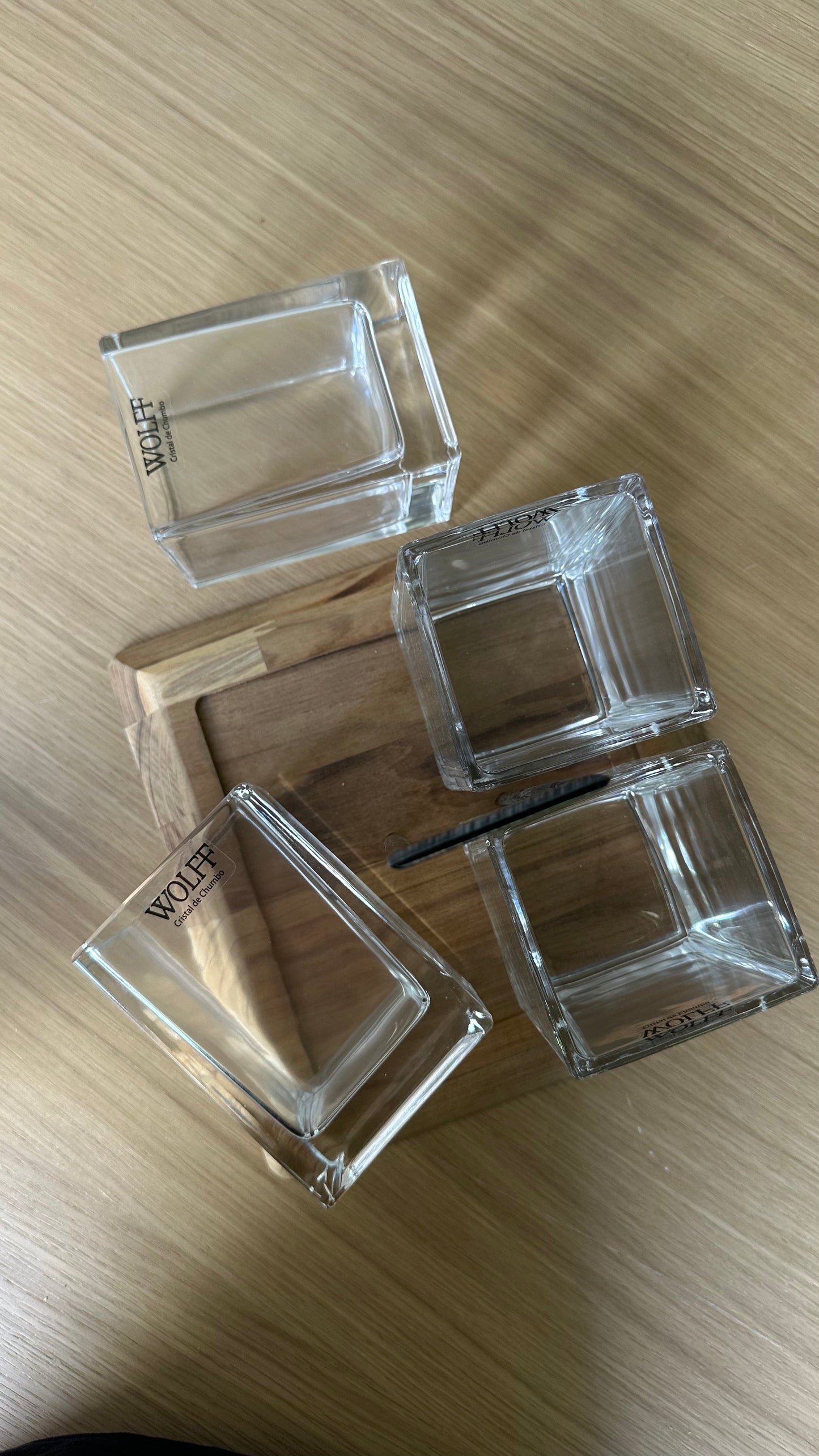 Glass Cutlery Holder With Wooden Base Divided Into 4